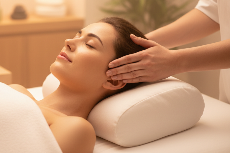 give me an image of a woman in a spa bed getting a scalp massage