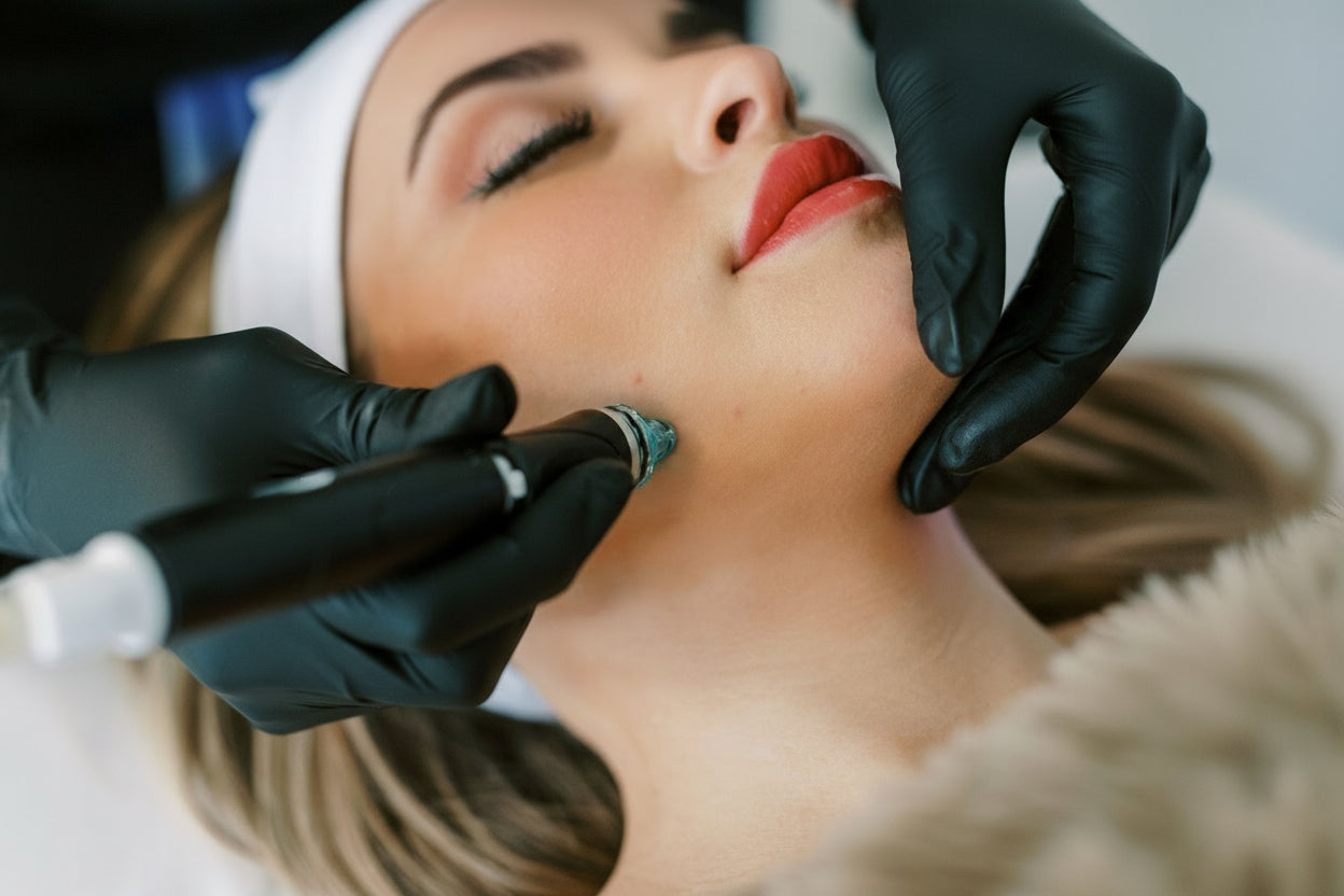Person receiving a cosmetic procedure on their face with medical equipment.